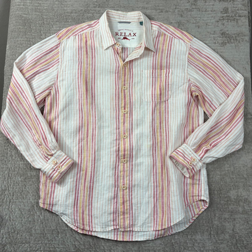 Tommy Bahama Relax Mens XL Linen Striped Button Down Shirt Red Orange TR34133